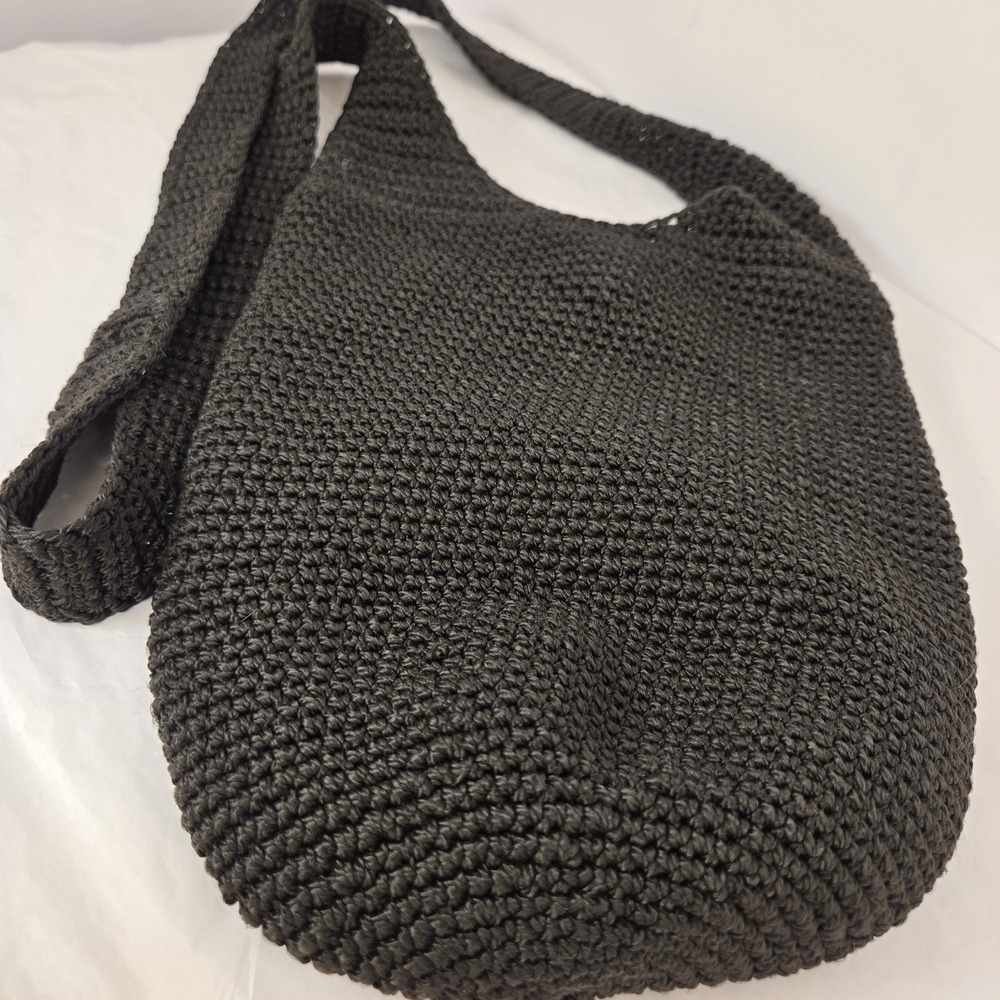 Black Crochet Crescent Shoulder Bag Women's Lined Snap Closure Silver Hardware